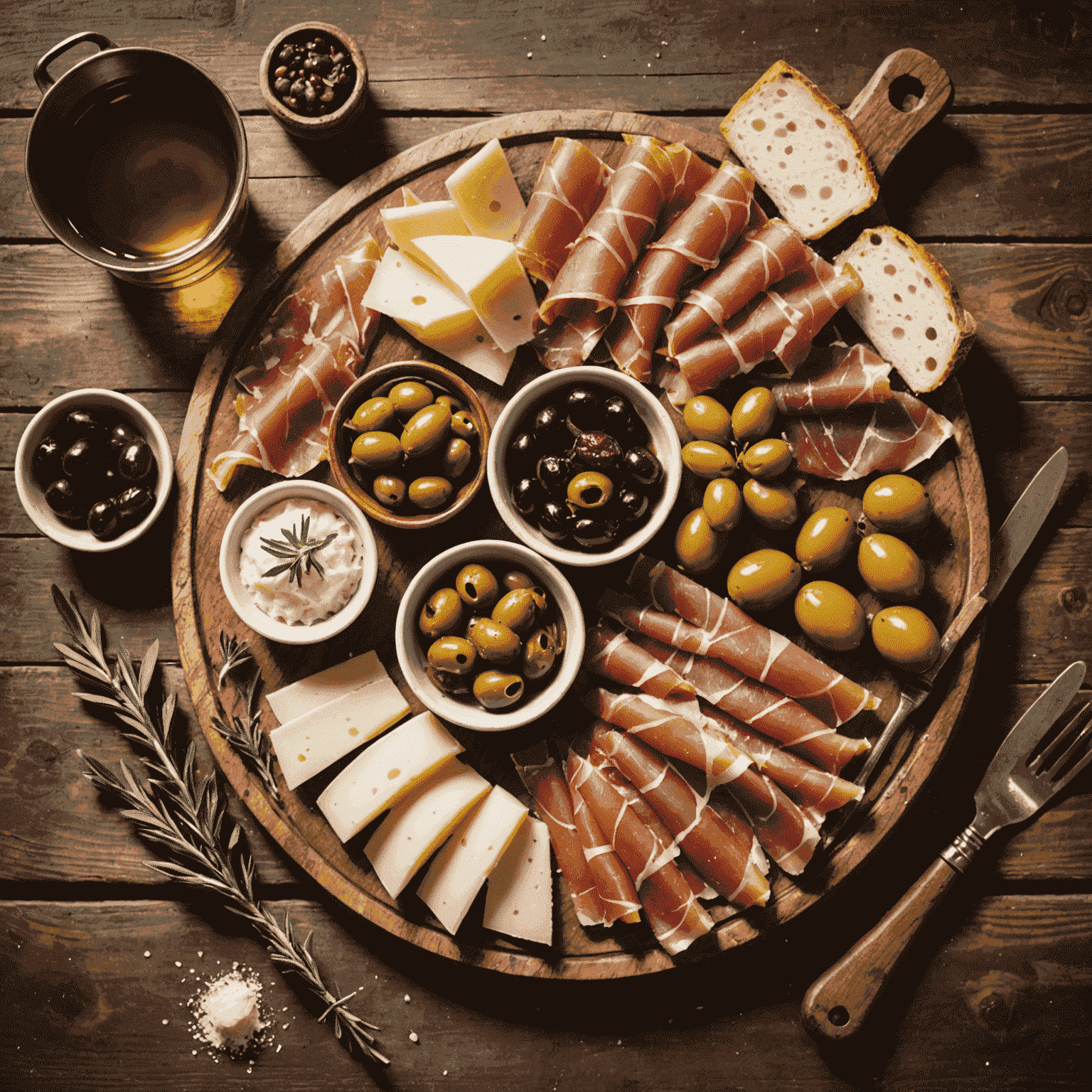 Tradycyjne włoskie antipasti na rustykalnym drewnianym stole, z oliwkami, prosciutto i parmezanem