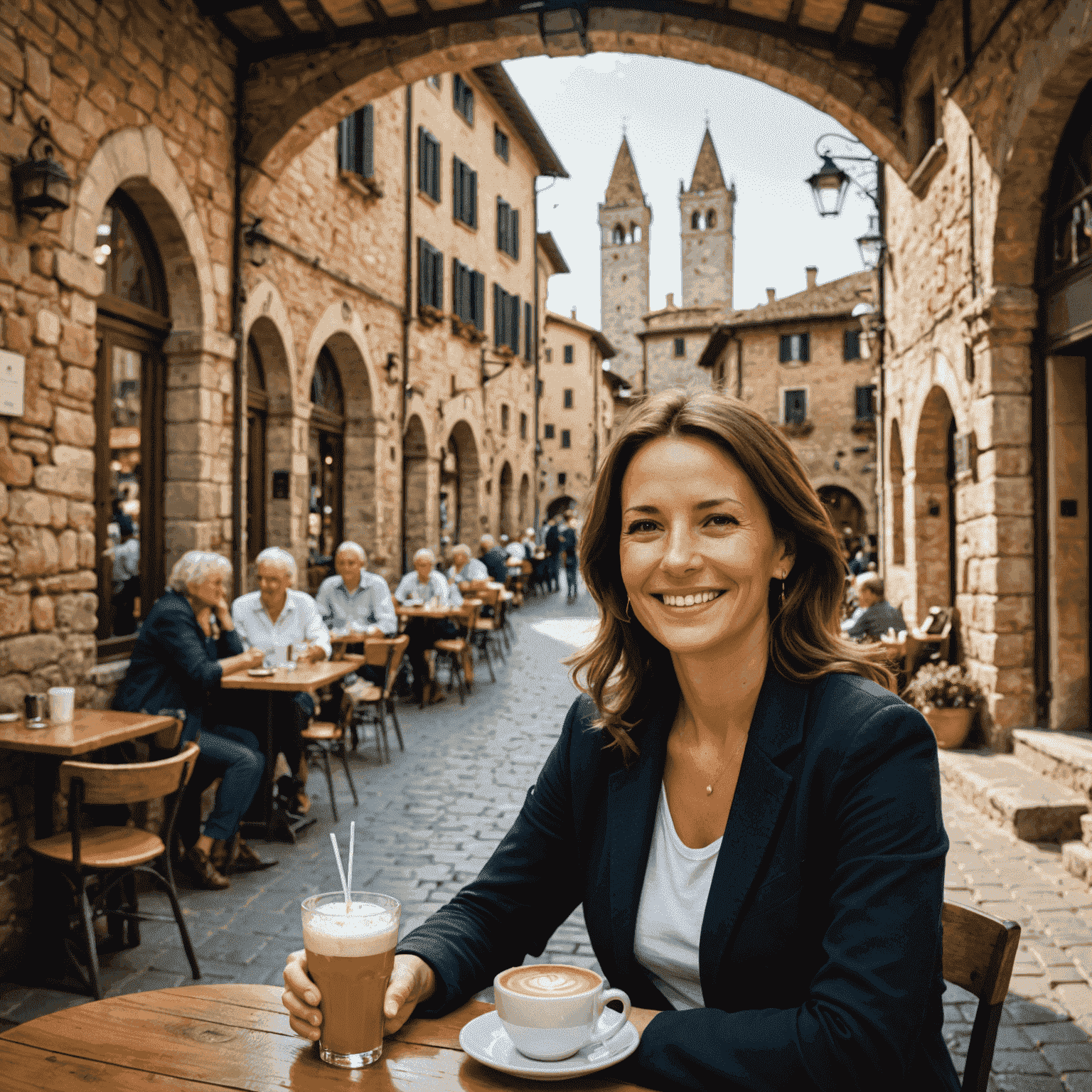 Uśmiechnięta kobieta siedząca w kawiarni na placu w San Gimignano, w tle widoczne charakterystyczne średniowieczne wieże miasta